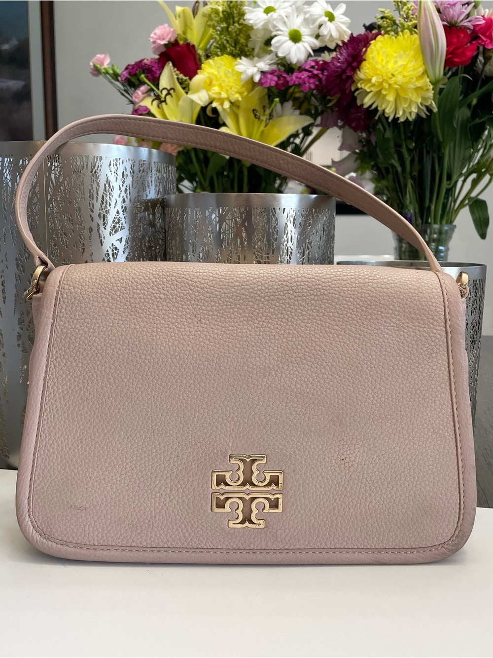 Tory Burch Blush Pink Pebbled Leather Shoulder Bag Quiet Luxury EUC